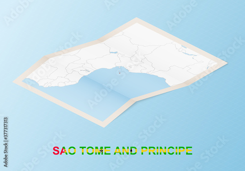 Folded paper map of Sao Tome and Principe with neighboring countries in isometric style.