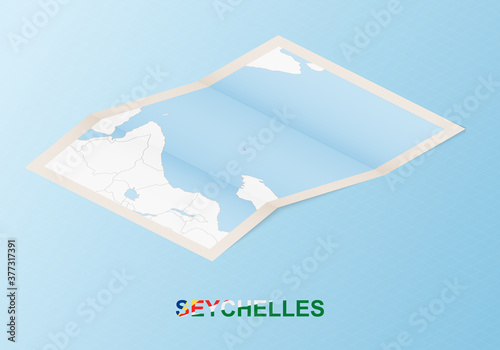 Folded paper map of Seychelles with neighboring countries in isometric style.