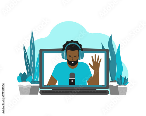 Vector flat concept with laptop and african american man (on screen) at home recording video on webcam. Remote work by bloggers, podcast hosts, teachers using online stream servises in quarantine time