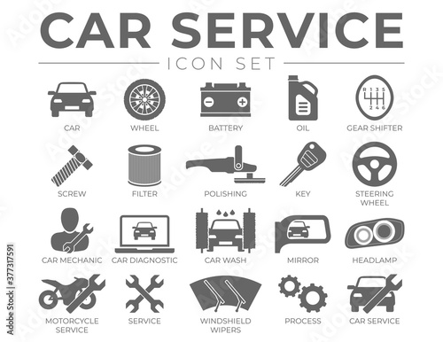 Car Service Icons Set with Battery, Oil, Gear Shifter, Filter, Polishing, Key, Steering Wheel, Diagnostic, Wash, Mirror, Headlamp Icons