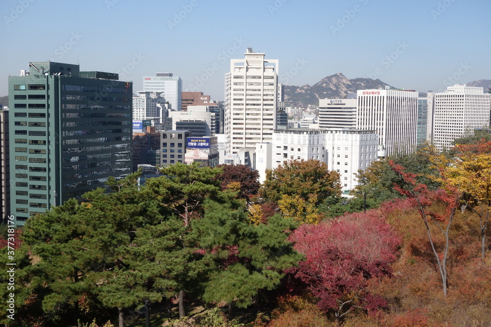 Fototapeta premium Aerial shot of Seoul skyline from Namsan Park
