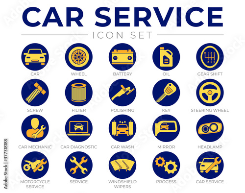 Blue Yellow Car Service Round Icons Set with Battery, Oil, Gear Shifter, Filter, Polishing, Key, Steering Wheel, Diagnostic, Wash, Mirror, Headlamp Icons