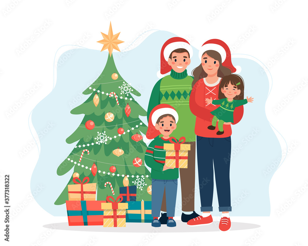 Happy family with christmas tree. Cute vector illustration in flat style Happy family with christmas tree. Cute vector illustration in flat style