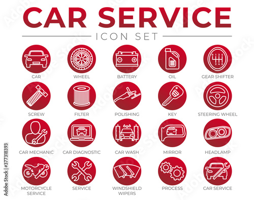 Red Car Service Round Outline Icons Set with Battery, Oil, Gear Shifter, Filter, Polishing, Key, Steering Wheel, Diagnostic, Wash, Mirror, Headlamp Icons