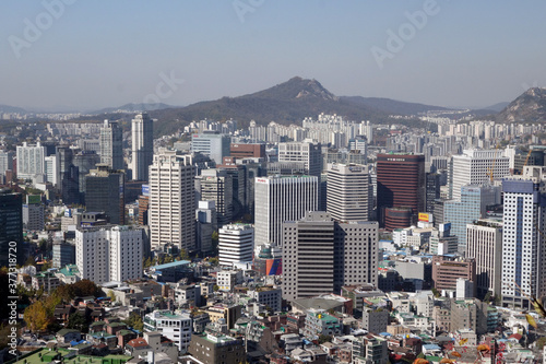 Aerial shot of Seoul skyline from Namsan Park