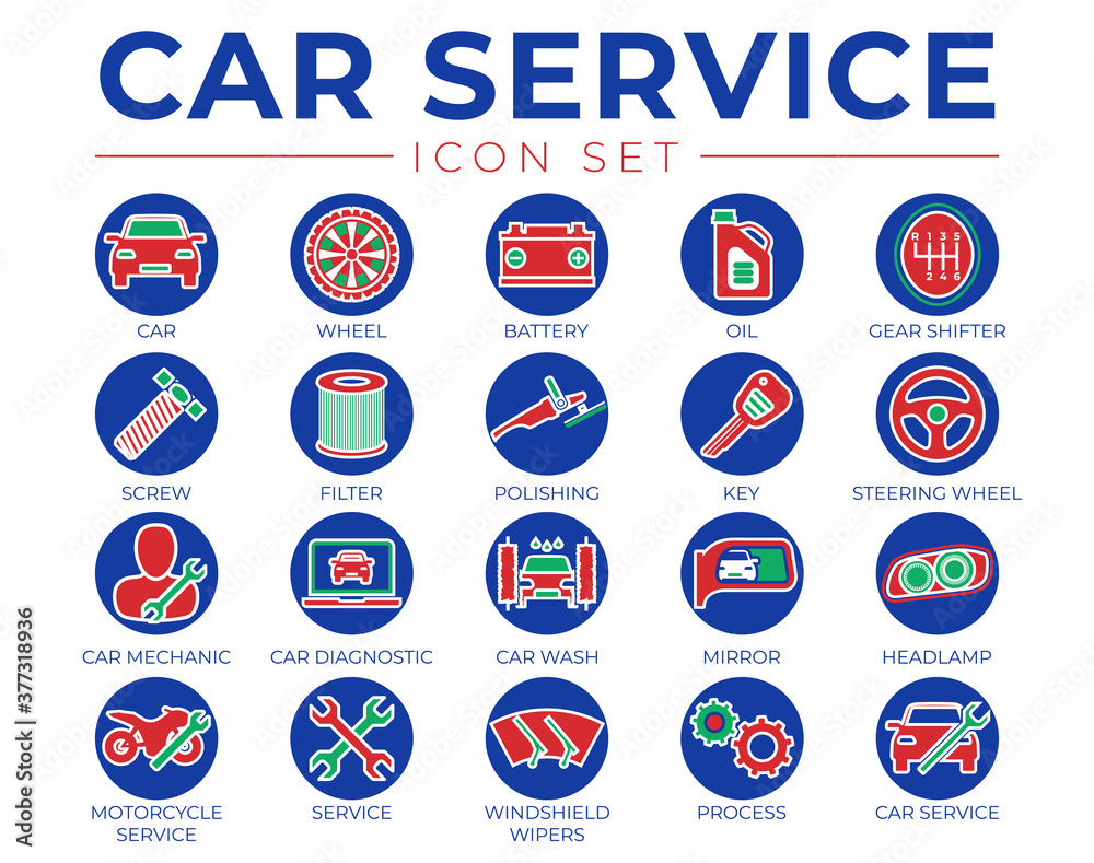 Car Service Round Outline Icons Set with Battery, Oil, Gear Shifter, Filter, Polishing, Key, Steering Wheel, Diagnostic, Wash, Mirror, Headlamp Icons in Blue, Green and Red Color Car Service Round Outline Icons Set with Battery, Oil, Gear Shifter, Filter, Polishing, Key, Steering Wheel, Diagnostic, Wash, Mirror, Headlamp Icons in Blue, Green and Red Color