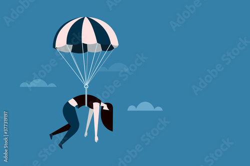 Conceptual illustration of a girl hanging on a parachute in the air