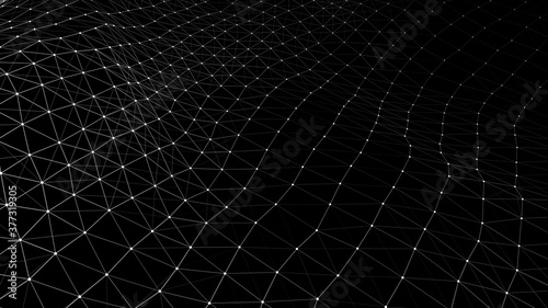 Black background for presentation. Abstract dynamic wave of many particles and lines. Vector perspective grid. Network or connection. Detailed lines forming an abstract background.