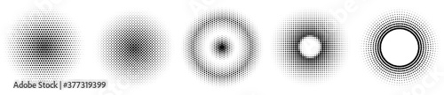 Set of simple halftones. Black gradient circles of dots. Dotwork. Vector illustration.