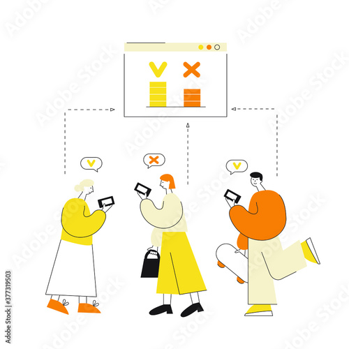 Vector illustration of people voting online. Flat concept of online electronic poll.