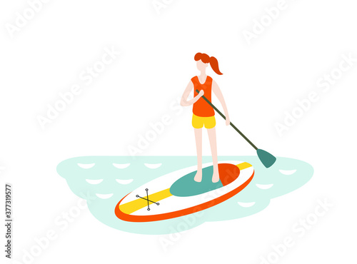Vector illustration of girl sup surfing in the sea.