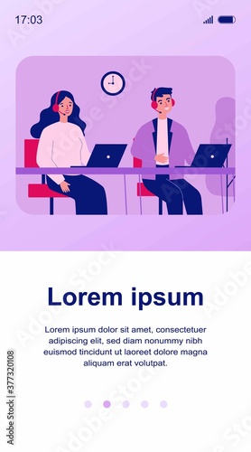 Smiling call center operators in office flat vector illustration. Cartoon characters with headsets and laptops supporting customers. Company support service and hotline concept