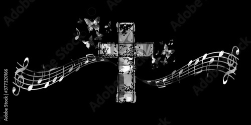 Christian cross with music notes vector illustration. Religion themed background. Design for gospel church music, choir singing, concert, festival, Christianity, prayer