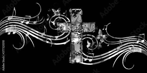 Christian cross with music notes vector illustration. Religion themed background. Design for gospel church music, choir singing, concert, festival, Christianity, prayer