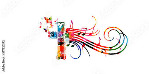 Colorful christian cross with music notes isolated vector illustration. Religion themed background. Design for gospel church music, choir singing, concert, festival, Christianity, prayer