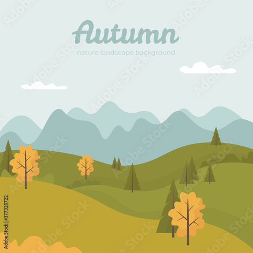 Autumn nature landscape background. Illustraton with field, mountains, trees and plants. Vector flat cartoon