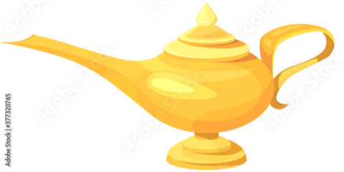 Genie's lamp in cartoon style. Antique golden object.