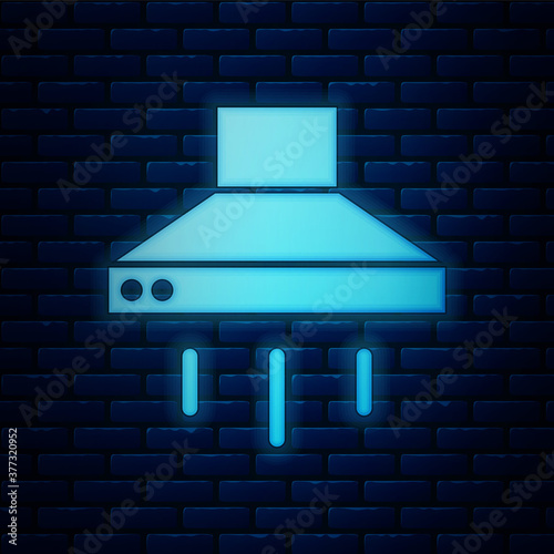 Glowing neon Kitchen extractor fan icon isolated on brick wall background. Cooker hood. Kitchen exhaust. Household appliance. Vector.