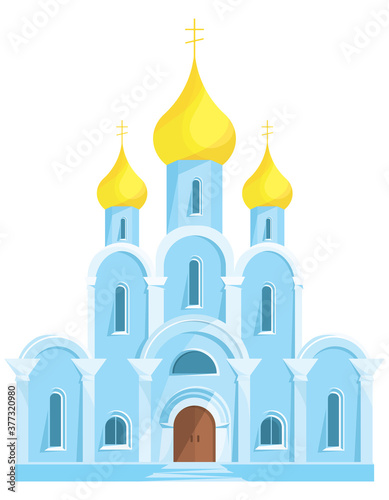 Blue orthodox church. Object of architecture in cartoon style.
