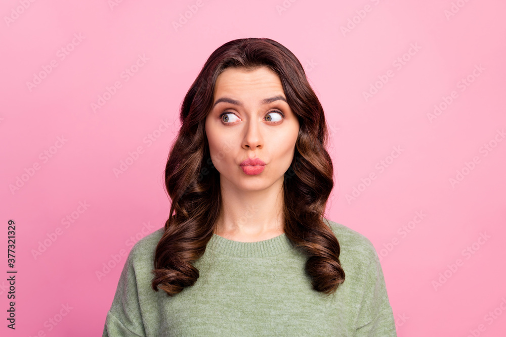 Portrait of nice lovely girl wait for dating look copyspace see boyfriend send funny air kiss wear sweater pullover isolated over pastel color background Portrait of nice lovely girl wait for dating look copyspace see boyfriend send funny air kiss wear sweater pullover isolated over pastel color background