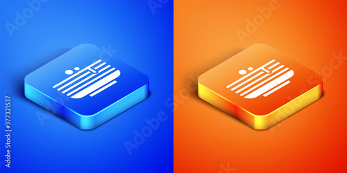 Isometric Stack of pancakes icon isolated on blue and orange background. Baking with syrup and cherry. Breakfast concept. Square button. Vector.