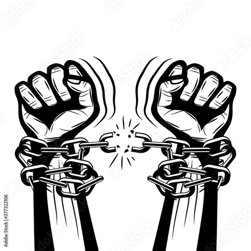 Illustration of human hands breaking steel chains on white background.