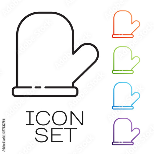 Black line Oven glove icon isolated on white background. Kitchen potholder sign. Cooking glove. Set icons colorful. Vector.