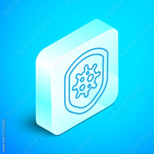Isometric line Shield protecting from virus, germs and bacteria icon isolated on blue background. Immune system concept. Corona virus 2019-nCoV. Silver square button. Vector.