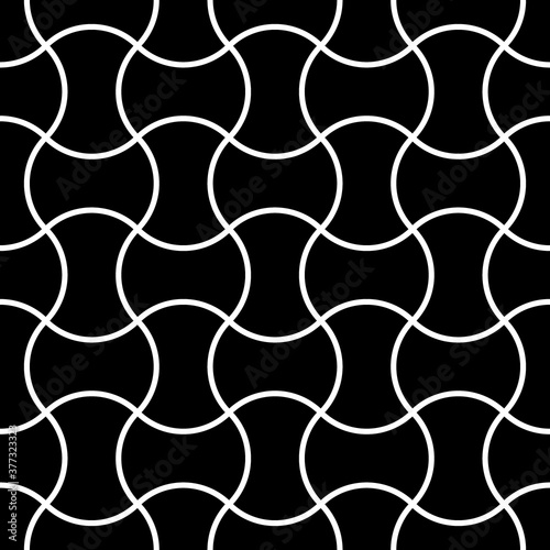 Black apple core quilts texture. Patchwork motif. Seamless surface pattern design with ethnic ornament. Axehead figures background. White crossed wavy lines wallpaper. Digital paper, textile print.