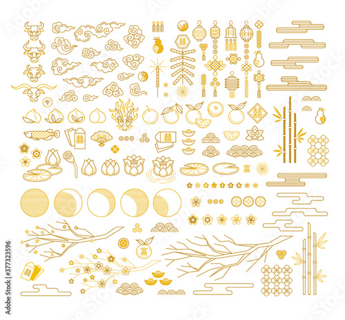 Vector set with elements, illustration of Ox Zodiac sign; Symbol of 2021 on Chinese calendar. Chinese icons and traditional symbols for Chinese New Year.  Isolated. Gold colored, flat design style.