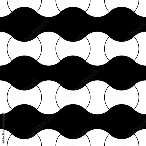 White interlocking blocks lines on black background. Seamless surface pattern design with ethnic ornament. Apple core quilts texture. Image with hammerhead, axehead and bow shapes. Patchwork motif.