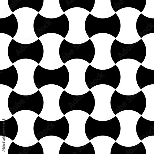 Apple core quilts texture. Patchwork motif. Seamless surface pattern design with ethnic ornament. Black interlocking axehead figures on white background. Digital paper with hammerhead shapes.