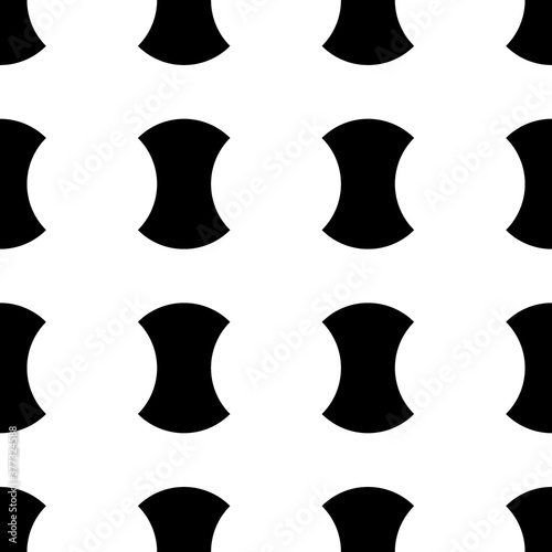 Black blocks on white background. Seamless surface pattern design with symmetrical ornament. Apple core shape figures. Image with hammerhead, axehead and bow shapes. Grid motif. Digital paper. Vector.