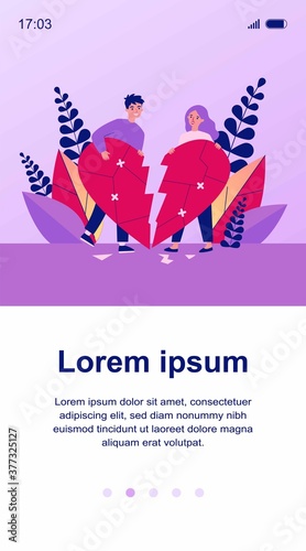 Smiling couple restoring broken heart flat vector illustration. Happy man and woman solving problems and returning their love. Relationship and romance concept.