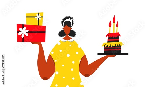 Woman holding a birthday cake and gift boxes in her hands - Young girl character giving gifts, congratulating - Vector flat illustration, isolated on white