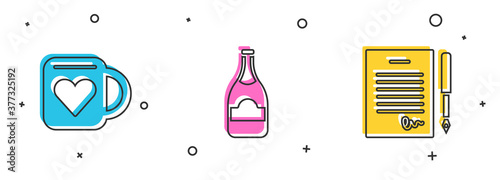 Set Coffee cup and heart, Champagne bottle and Marriage contract icon. Vector.
