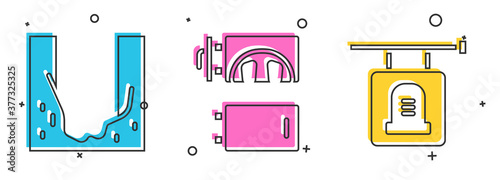 Set Cemetery digged grave hole, Crematorium and Signboard tombstone icon. Vector.