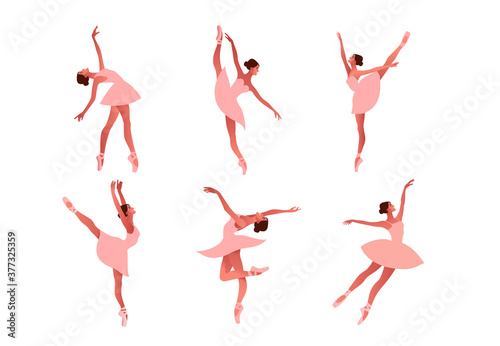 Set of Ballerina dancings in pointe shoes vector illustration. Beauty of classic ballet. Young graceful woman ballet dancer wearing tutu. Performance, pastel colours