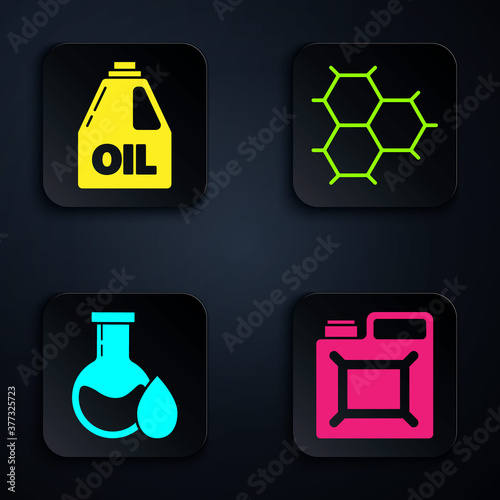 Set Canister for gasoline, Canister for motor machine oil, Oil petrol test tube and Chemical formula consisting of benzene rings. Black square button. Vector.