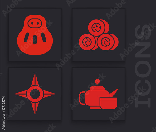 Set Japanese tea ceremony, Maneki neko cat, Sushi and Japanese ninja shuriken icon. Vector.