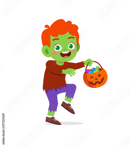 happy cute little kid boy and girl celebrate halloween wears frankenstein monster costume