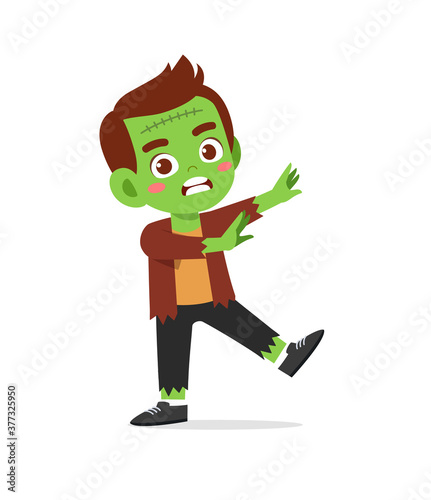 happy cute little kid boy and girl celebrate halloween wears frankenstein monster costume