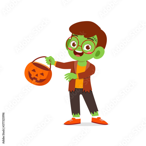 happy cute little kid boy and girl celebrate halloween wears frankenstein monster costume