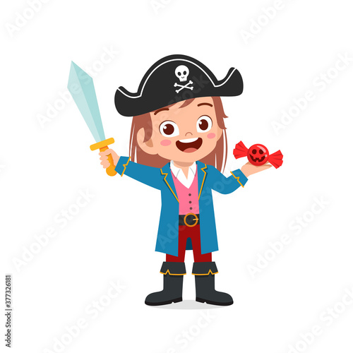 happy cute little kid boy and girl celebrate halloween wears pirate costume