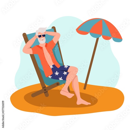 Elderly man sunbathing on the beach. The concept of active old age. Day of the elderly. Flat cartoon vector illustration.