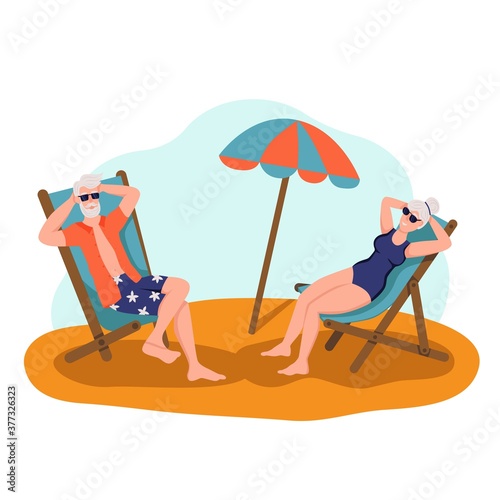 Elderly couple sunbathing on the beach.The concept of active old age. Day of the elderly. Flat cartoon vector illustration.