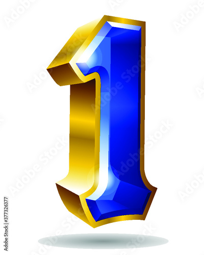 Golden and blue number character 1 isolated on white background. Vector one illustration.
