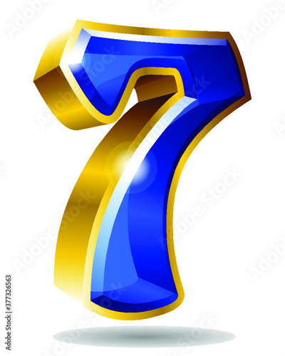 Golden and blue number character 7 isolated on white background. Vector seven illustration.