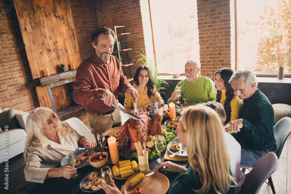 Portrait of nice attractive cheerful adorable family parents grandparents grandchildren enjoying festal luncheon custom occasion cutting turkey harvest autumn at modern loft brick industrial interior