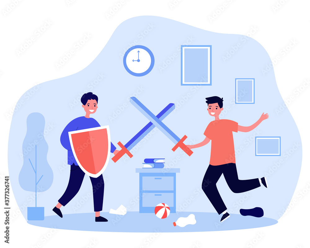 Happy boys having fun and fighting on plastic swords. Shield, knight, room flat vector illustration. Game and childhood concept for banner, website design or landing web page Happy boys having fun and fighting on plastic swords. Shield, knight, room flat vector illustration. Game and childhood concept for banner, website design or landing web page
